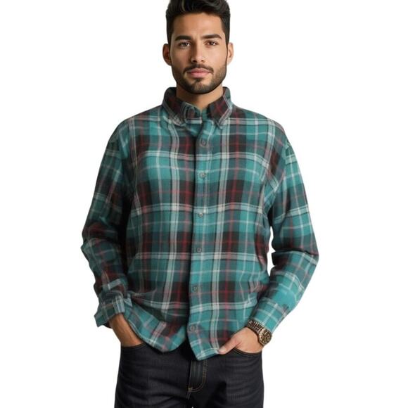 Chaps Men's Flannel Button-Up Shirt  Green Red Oxford Plaid, Long Sleeve, Sz XL - Picture 1 of 7